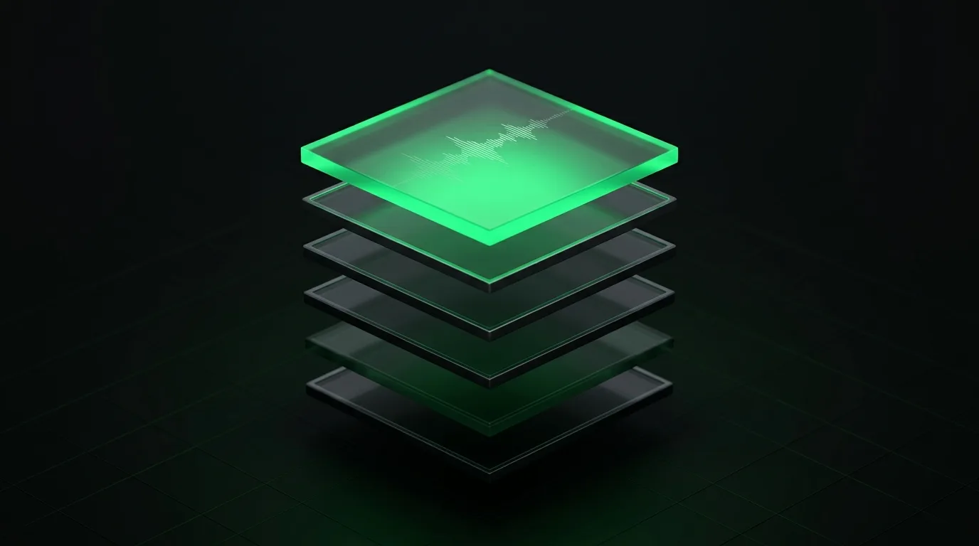 The six layer voice AI stack, rendered as stacked panels with the conversation layer lit